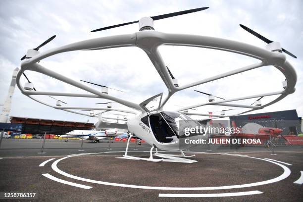 This photograph taken on June 18, 2023 shows the Volocopter air taxi 'Volocity' displayed during the International Paris Air Show at the ParisLe...