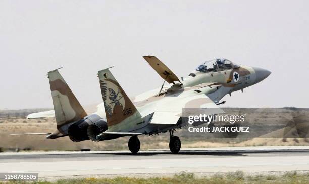 An Israeli air force F-15I fighter jet lands at the Hazerim Air Force Base, in the southern Israeli Negev desert, on March 30, 2009. The Israeli Air...