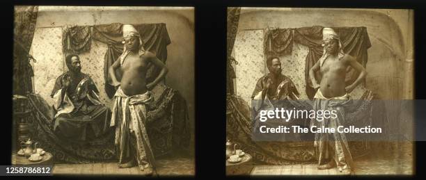 Vintage stereoscopic glass slide featuring a topless belly dancer from the Ottoman Empire period. Likely Egyptian or Tunesian, circa 1865.