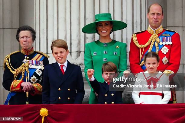 The Princess Royal, Prince George, Prince Louis, the Princess of Wales, the Prince of Wales and Princess Charlotte on the balcony of Buckingham...