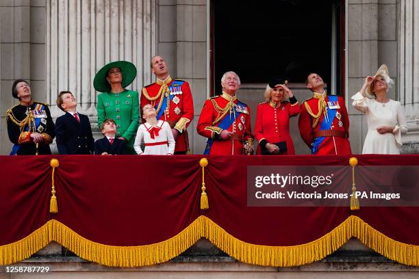 The Princess Royal, Prince George, Prince Louis, the Princess of Wales, the Prince of Wales, Princess Charlotte, King Charles III, Queen Camilla, the...