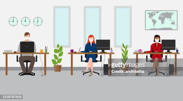 ilustrações, clipart, desenhos animados e ícones de distanciamento social no escritório. pessoas de negócios trabalhando com máscara - escrivaninha