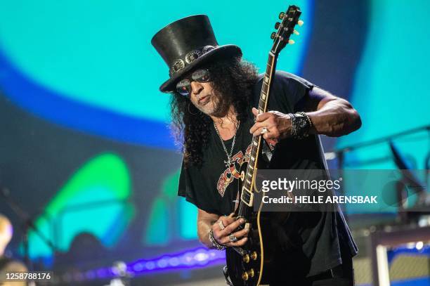 Saul Hudson aka Slash, lead guitarist of the US hard rock band Guns N' Roses, performs on Helviti Stage at the Copenhell heavy metal music festival...