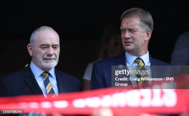 Scottish FA outgoing president Rod Petrie and Scottish FA cheif executive Ian Maxwell during a UEFA Euro 2024 Qualifier match between Norway and...