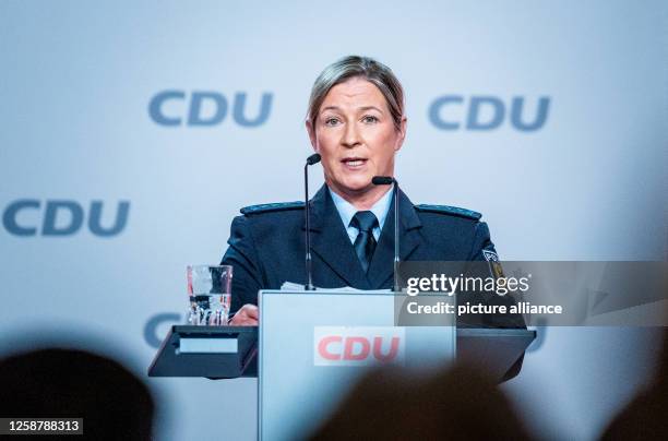 Claudia Pechstein, Olympic speed skating champion, speaks in her uniform as a federal police officer at the CDU's basic principles convention. The...