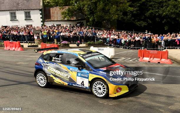 Donegal , Ireland - 18 June 2023; Josh Moffett and Andy Hayes in their Hyundai i20 R5 during day three of the Wilton Recycling Donegal International...