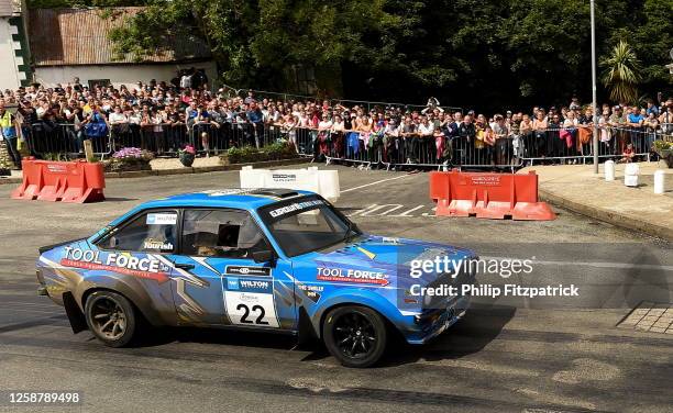 Donegal , Ireland - 18 June 2023; Damien Tourish and Domhnall McAlaney in their Ford Escort Mk2 during day three of the Wilton Recycling Donegal...