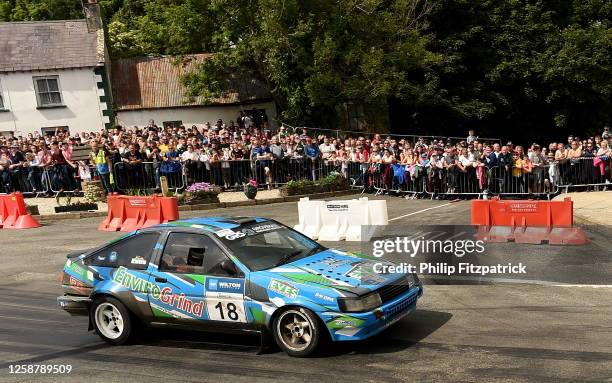 Donegal , Ireland - 18 June 2023; Kevin Eves and Chris Melly in their Toyota Corolla Twin Cam during day three of the Wilton Recycling Donegal...