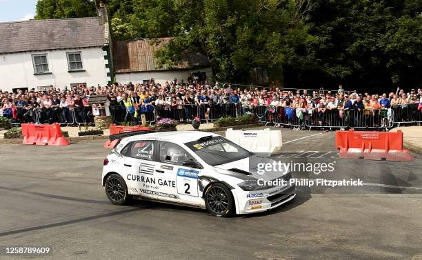 Donegal , Ireland - 18 June 2023; Callum Devine and Noel O'Sullivan in their VW Polo GTI R5 during day three of the Wilton Recycling Donegal...