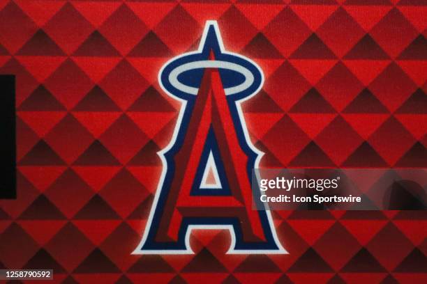 The Los Angeles Angels logo during an MLB game between the Los Angeles Angles and Kansas City Royals on June 17, 2023 at Kaufmann Stadium in Kansas...