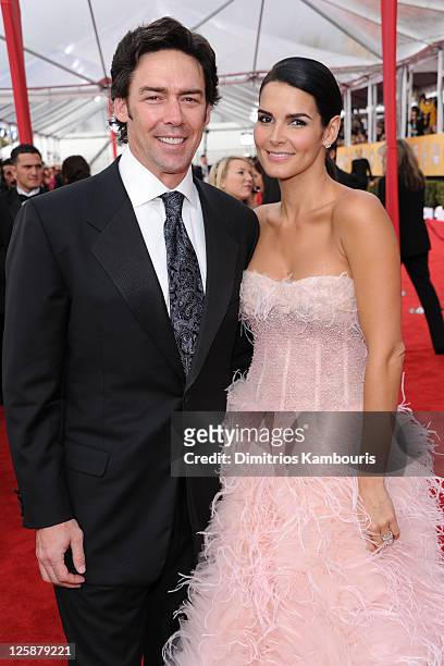 Jason Sehorn and actress Angie Harmon arrive at the TNT/TBS broadcast of the 17th Annual Screen Actors Guild Awards held at The Shrine Auditorium on...