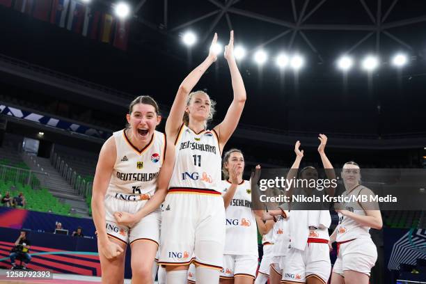Marie Guelich of Germany, Luisa Geiselsoder of Germany celebrate the victory during the FIBA Women's EuroBasket 2023 - Day 3 match between Germany...