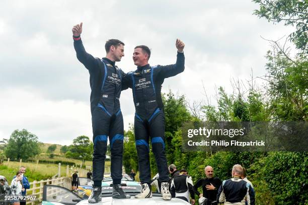 Donegal , Ireland - 18 June 2023; Callum Devine and Noel O'Sullivan with their VW Polo GTI R5 celebrate after winning the Wilton Recycling Donegal...