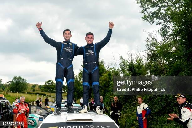 Donegal , Ireland - 18 June 2023; Callum Devine and Noel O'Sullivan with their VW Polo GTI R5 celebrate after winning the Wilton Recycling Donegal...