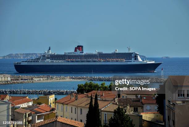 Passenger cruise ship Queen Mary 2 leaves the French Mediterranean port of Marseille.