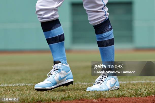 The blue Nike cleats and socks of Jarren Duran of the Boston Red Sox are seen before the game against the New York Yankees in commemoration of...