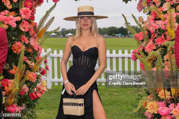 Kimberley Garner arrives with a Wheely chauffeur to the Cartier Queen's Cup Polo 2023 on June 18, 2023 in Egham, England.