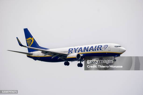 Boeing 737-8AS from Ryanair coming from Dublin is landing in Brussels South Charleroi Airport on June 18, 2023 in Belgium. Ryanair is an Irish ultra...