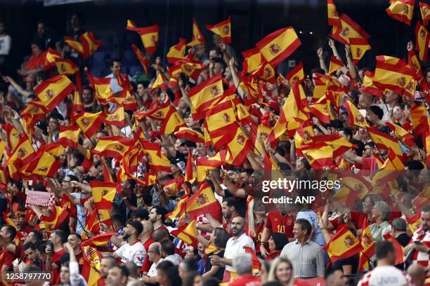 Spanish fans during the UEFA Nations League final match between Croatia and Spain at Feyenoord Stadion de Kuip on June 18, 2023 in Rotterdam,...