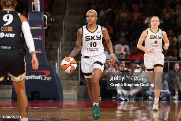 Courtney Williams of the Chicago Sky dribbles the ball during the game against the Washington Mystics on June 18, 2023 at Entertainment and Sports...