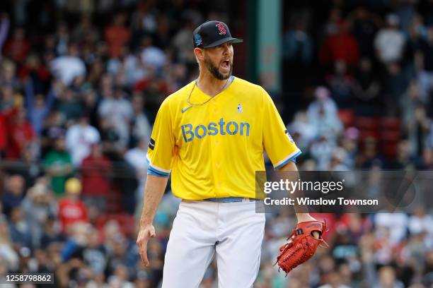 Pitcher Chris Martin of the Boston Red Sox shouts out after the final out of their 6-2 win over the New York Yankees in game one of a doubleheader at...
