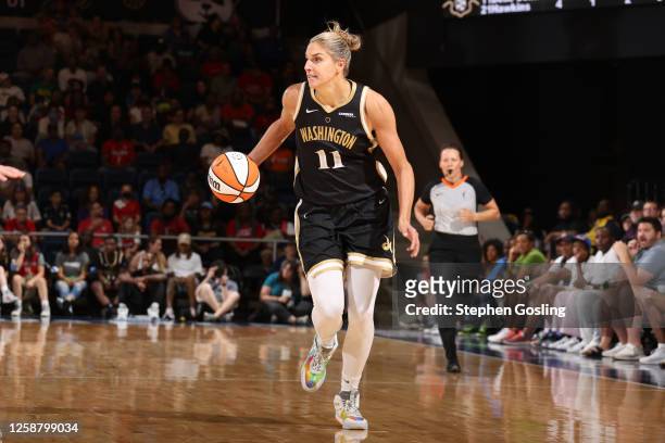 Elena Delle Donne of the Washington Mystics dribbles the ball during the game against the Chicago Sky on June 18, 2023 at Entertainment and Sports...