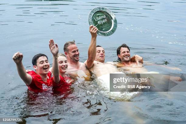 Tallon Griekspoor of the Netherlands celebrating with Bas van Bentum and Kristof Vliegen after his Singles Men's Final against Jordan Thompson of...