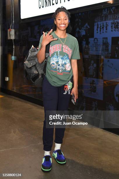 Tyasha Harris of the Connecticut Sun arrives to the arena before the game against the Los Angeles Sparks on June 18, 2023 at California State...