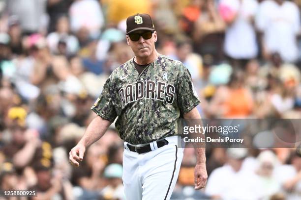 San Diego Padres manager Bob Melvin walks off the field during the seventh inning of a baseball game against the Tampa Bay Rays on June 18, 2023 at...