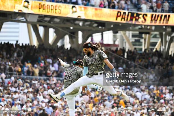 Rougned Odor of the San Diego Padres, left, and Fernando Tatis Jr. #23 celebrate after the Padres beat the Tampa Bay Rays 5-4 on June 18, 2023 at...