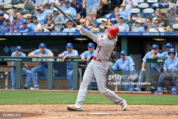 Los Angeles Angels designated hitter Shohei Ohtani hits a two-run home run in the sixth during a MLB game between the California Angels and the...