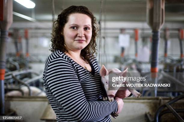 Dorota Olejniczak poses with a piglet on her farm, on April 6, 2009. Dorota Olejniczak is a new breed of Polish farmer, thriving five years after...