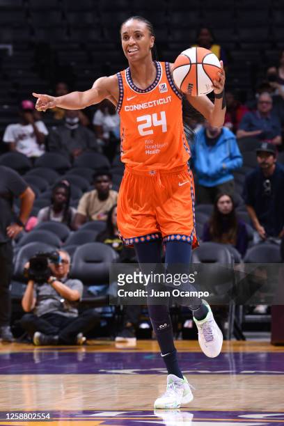 DeWanna Bonner of the Connecticut Sun dribbles the ball during the game against the Los Angeles Sparks on June 18, 2023 at California State...