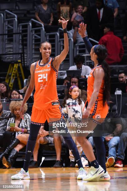 DeWanna Bonner of the Connecticut Sun smiles during the game against the Los Angeles Sparks on June 18, 2023 at California State University in...