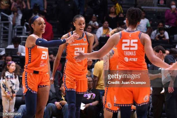 The Connecticut Sun huddle up during the game against the Los Angeles Sparks on June 18, 2023 at California State University in Northridge,...