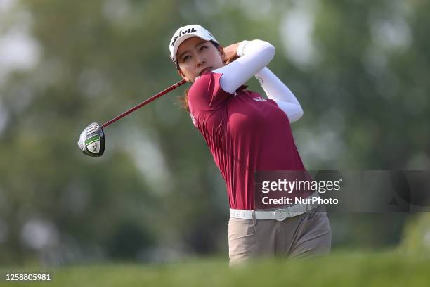 Chella Choi of Republic of Korea tees off on the third tee during the final round of the Meijer LPGA Classic for Simply Give golf tournament at...