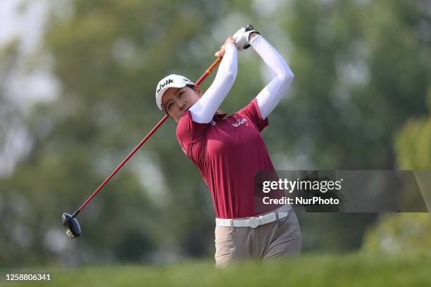 Chella Choi of Republic of Korea tees off on the third tee during the final round of the Meijer LPGA Classic for Simply Give golf tournament at...