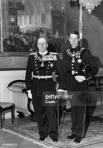 Norway's Heir Prince Harald poses with his father King Olav V of Norway in military uniform in 1962. On the death of his father King Olav V of Norway...