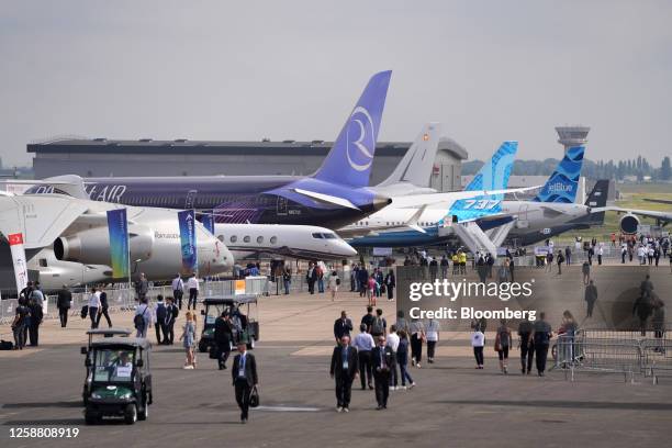 Aircraft on static display including a Riyadh Air Boeing 787-9 Dreamliner, center, and Boeing 737-10 Max, center right, at the Paris Air Show in Le...