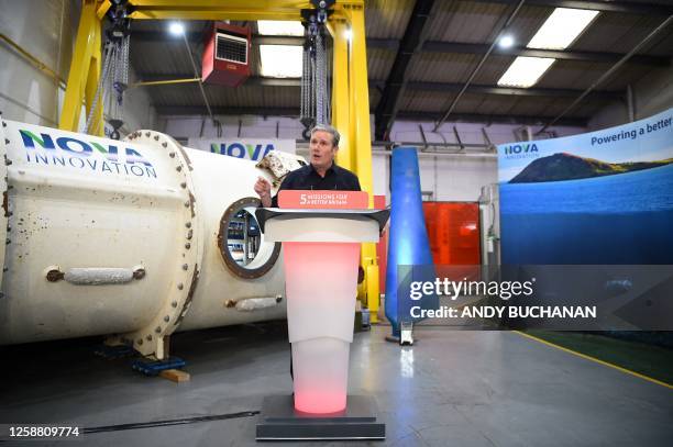 Britain's main opposition Labour Party leader Keir Starmer delivers a speech on Green Energy at the headquarters of Nova Innovation, a tidal energy...