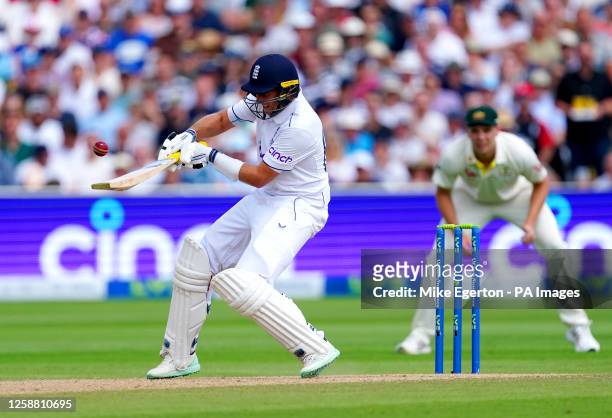 England's Joe Root reverse ramps during day four of the first Ashes test match at Edgbaston, Birmingham. Picture date: Monday June 19, 2023.