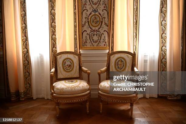 This picture shows armchairs in a salon, part of the private apartments of Queen Marie-Antoinette de Habsbourg-Lorraine, wife of France's King Louis...