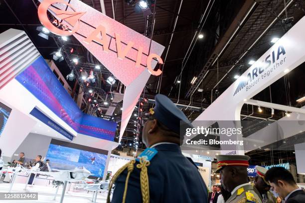 Visitors near the AVIC Chengdu Aircraft Industrial Group pavilion at the Paris Air Show in Le Bourget, Paris, France, on Monday, June 19, 2023. At...