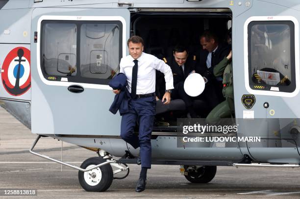 French President Emmanuel Macron arrives at the International Paris Air Show at the ParisÃ¢â¬âLe Bourget Airport on June 19, 2023.