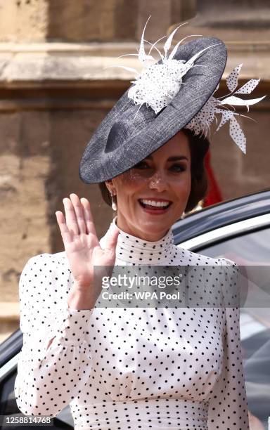 Catherine, Princess of Wales waves as she arrives at St George's Chapel to attend the Order Of The Garter Service at Windsor Castle on June 19, 2023...