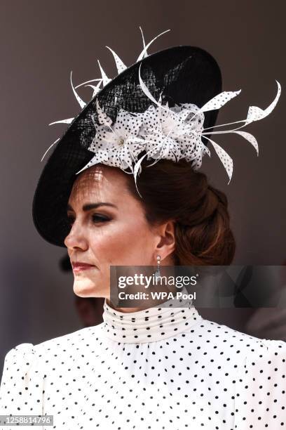 Catherine, Princess of Wales reacts as she arrives at St George's Chapel to attend the Order Of The Garter Service at Windsor Castle on June 19, 2023...