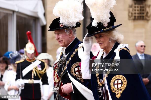 King Charles III and Queen Camilla arrive at St George's Chapel to attend the Order Of The Garter Service at Windsor Castle on June 19, 2023 in...