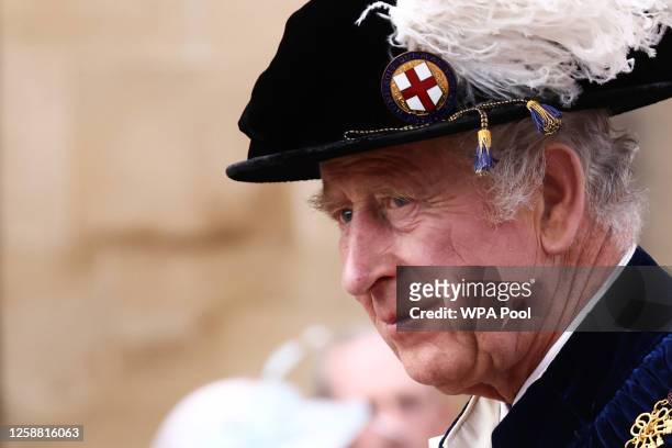 King Charles III arrives at St George's Chapel to attend the Order Of The Garter Service at Windsor Castle on June 19, 2023 in Windsor, England.