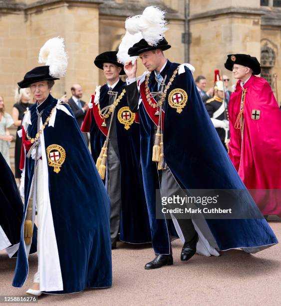 Princess Anne, Princess Royal, Prince Edward, Duke of Edinburgh and Prince William, Prince of Wales during the Order Of The Garter Service at Windsor...