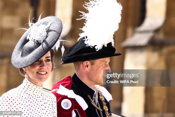 Catherine, Princess of Wales and Prince William, Prince of Wales leave in a horse-drawn carriage from St George's Chapel after attending the Order Of...